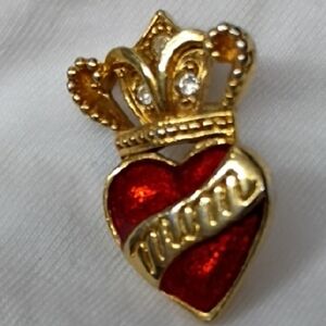 Gold and Red Crown Heart Brooch